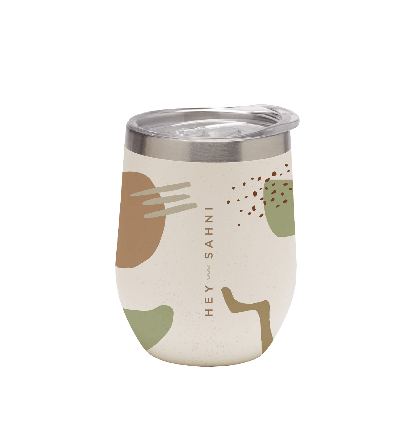 Stainless steel cup with colorful design and leak-proof lid.