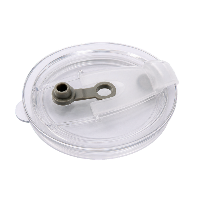 Clear plastic HEY SAHNI lid with a metal component on a white background