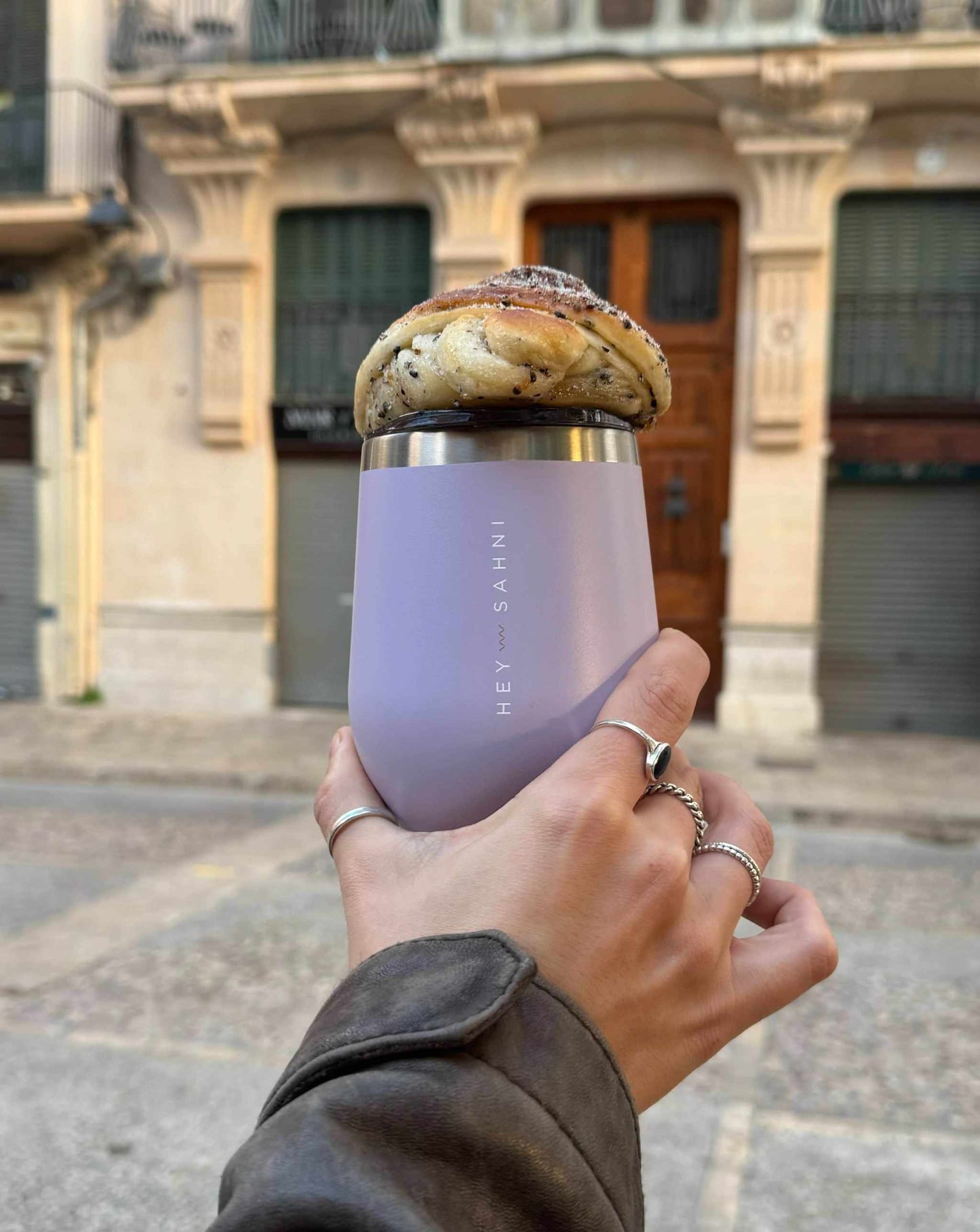 stainless steel coffee cup in lilac croissant
