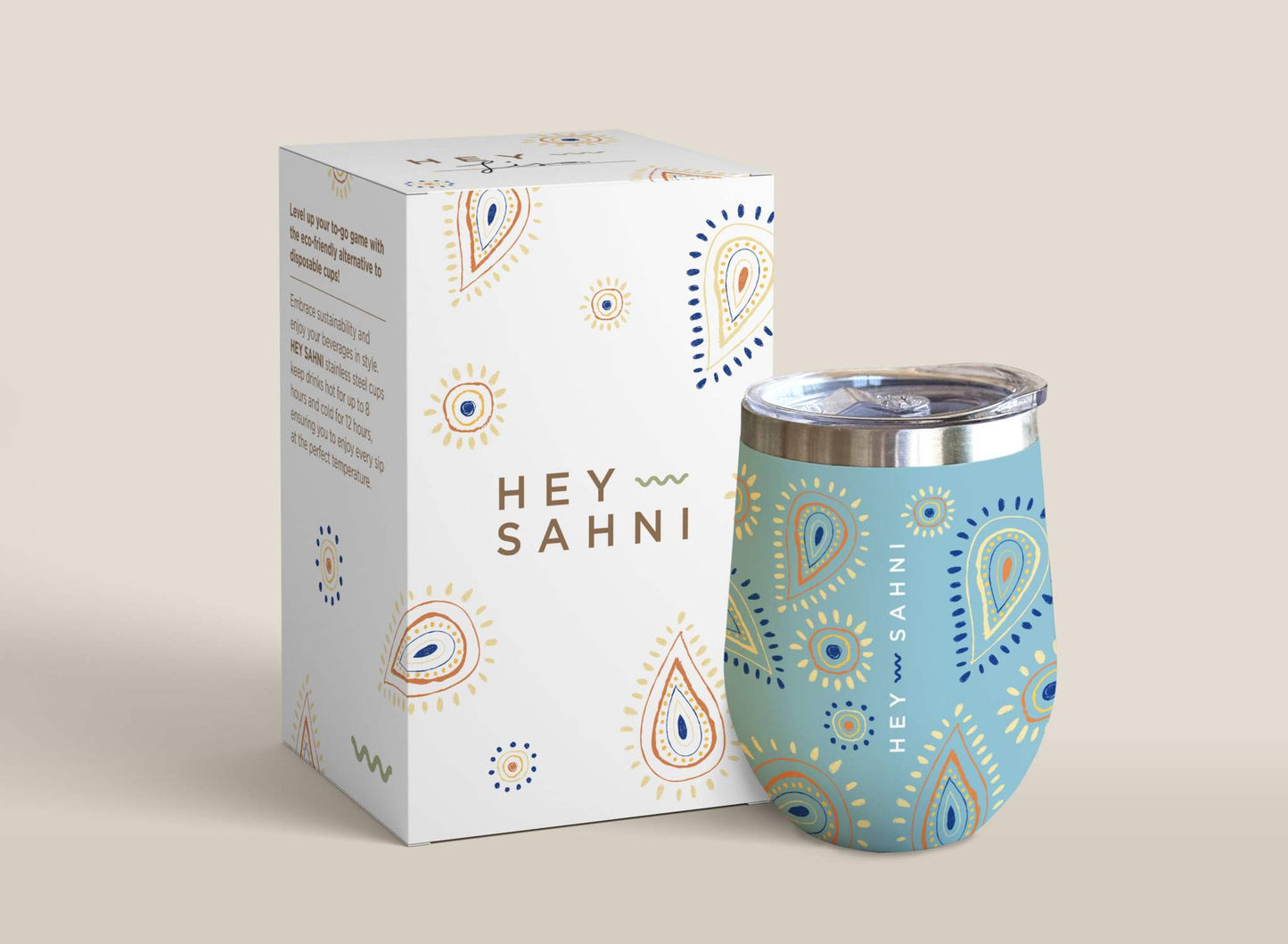 HEY SAHNI Stainless Steel Cup La Isla with decorative design and packaging.