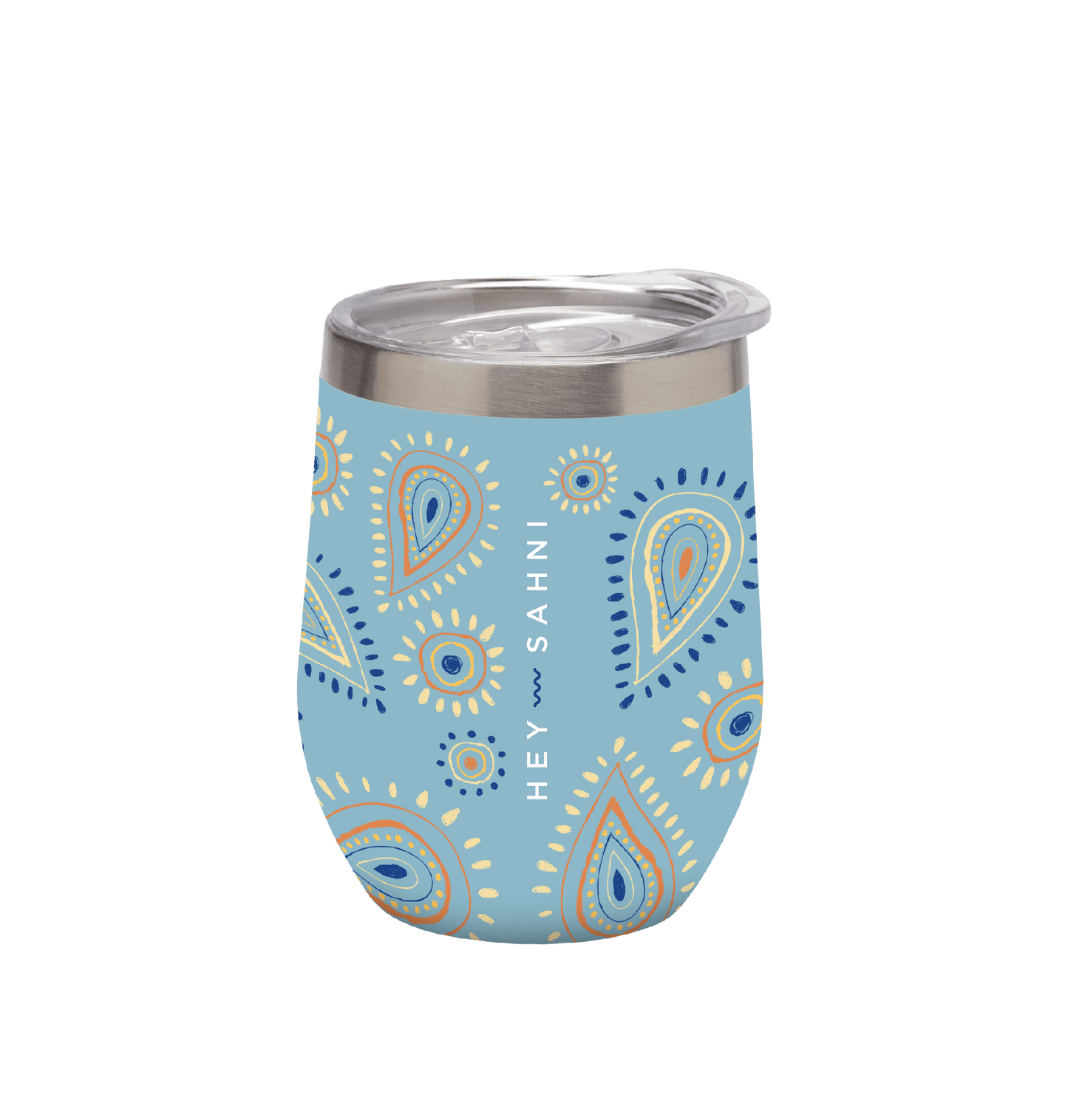 Stainless Steel Cup La Isla with blue paisley design and sliding lid.