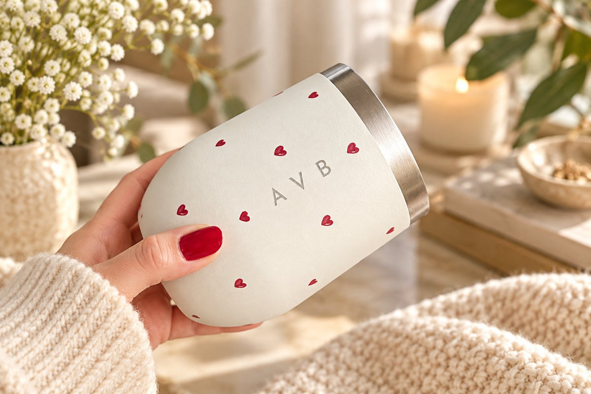 Hand hält einen HEY SAHNI Thermobecher mit persönlicher Gravur „AVB“ – Geschenkidee zu Weihnachten
