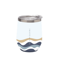 Stainless steel cup with wave design and sliding leak-proof lid, 350ml capacity.