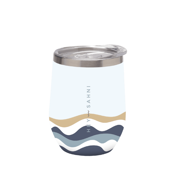 Stainless steel cup with wave design and sliding leak-proof lid, 350ml capacity.
