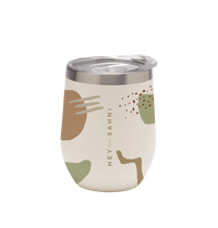 Stainless steel cup with colorful design and leak-proof lid.