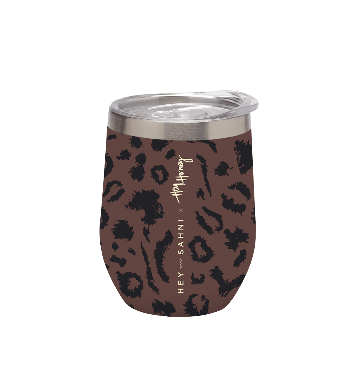 HEY SAHNI x HEY HONEY Thermobecher Vorderansicht – Nachhaltiger wiederverwendbarer Kaffeebecher aus Edelstahl mit Logo