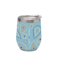 Stainless Steel Cup La Isla with blue paisley design and sliding lid.