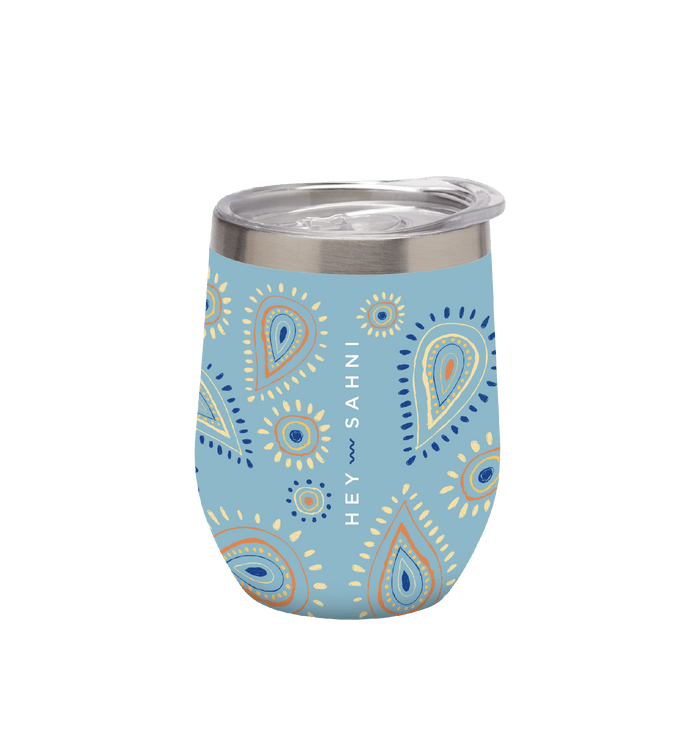 Stainless Steel Cup La Isla with blue paisley design and sliding lid.